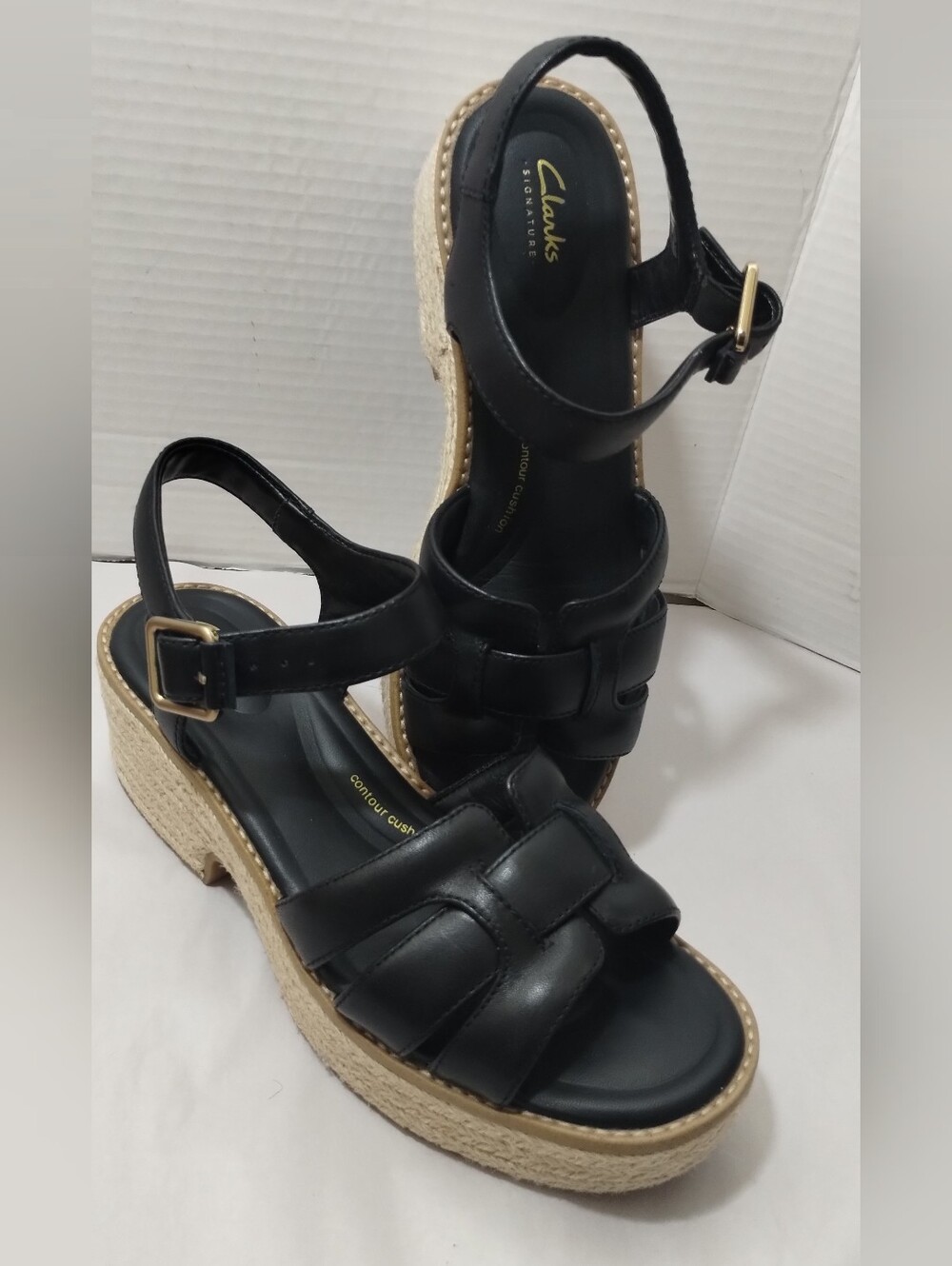 Clarks Coledale Black Leather Strap Platform Espadrille Sandals Sz 8M - Picture 4 of 12